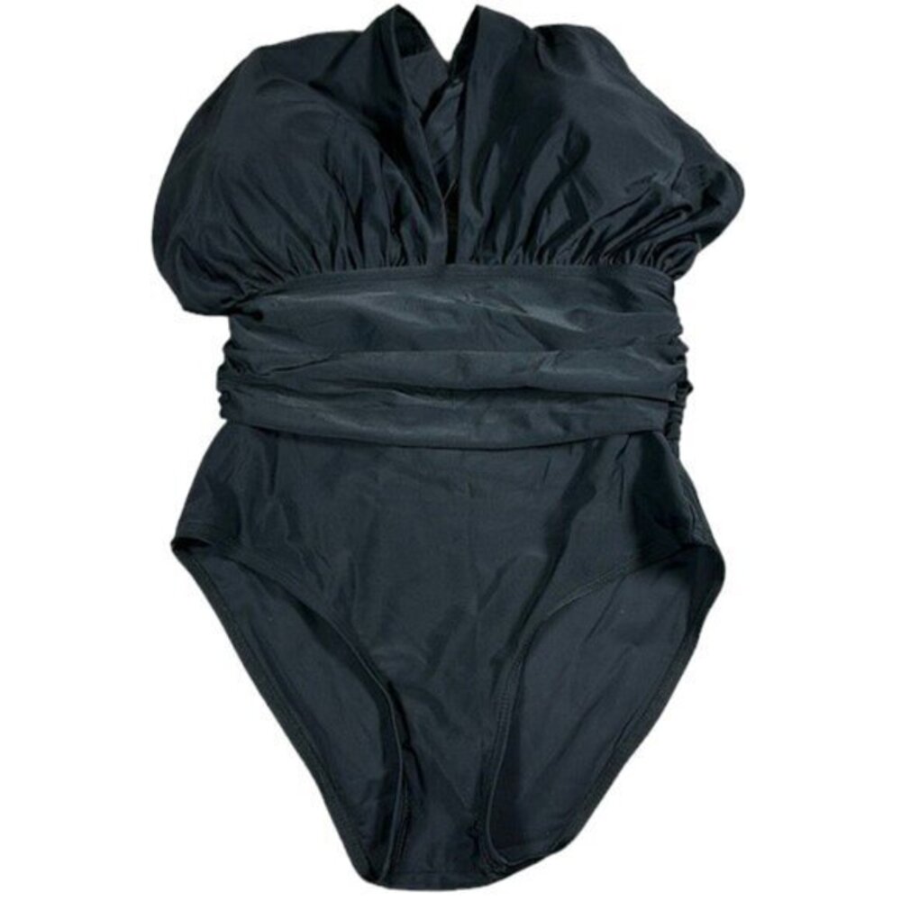 Women's Black Plunge Ruched Cross Back Swimsuit Size Small EUC #1264